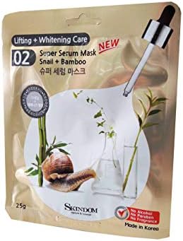 4 Mask sheets of Skindom Super Serum Mask Snail + Bamboo, Lifting + Whitening Care. No Alcohol, No Paraben, No Fragrance. (25 g/sheet)