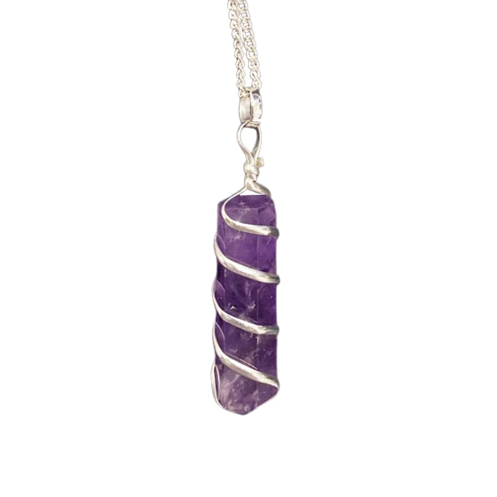 VIE Wire Wrapped Pencil Pendant, Silver Chain (Amethyst)