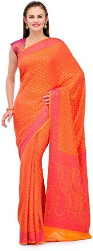 Fabroop Women's Handloom Khaddi Chiffon Saree One Size Orange