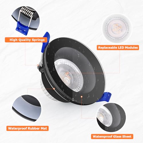 KYOTECH LED Recessed Spotlight 230 V 5 W IP65, Recessed Spotlight 68-75 mm, Extra Flat Bathroom Spotlight 3000K Warm White 3000K, Ceiling Spotlights for Bathrooms, Living Rooms, Kitchen, Hallway, Round Black Pack of 6