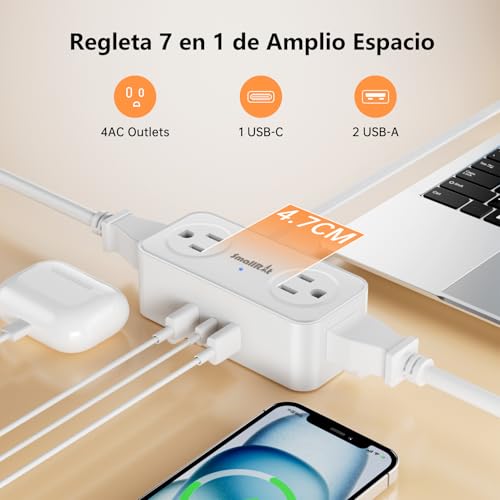 SMALLRT Multicontacto Extension Electrica Plano, Regleta Multicontacto 3 USB(1 USB C), 6.5FT Extensión Plana para Pared con 4 Salidas de CA, Conector Multiple Enchufe para Hogar, Oficina, Cruceros