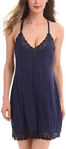 Women Modal Sleepwear Sexy lace Nightwear V Neck Full Slip Nightgown(5 Size:S M L XL XXL)
