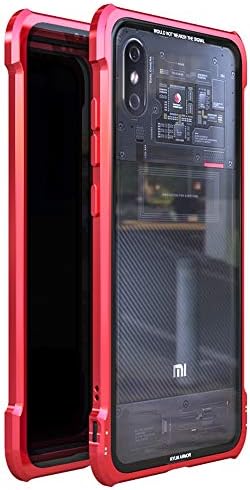 Mi 8 Explorer Case, CHIHENG Ultra Thin [Buckle Structure] Magnetic Aluminum Metal Frame + Transparent Tempered Glass Back Cover Full Body Protective Case for Xiaomi Mi 8 Explorer 6.21"-Red