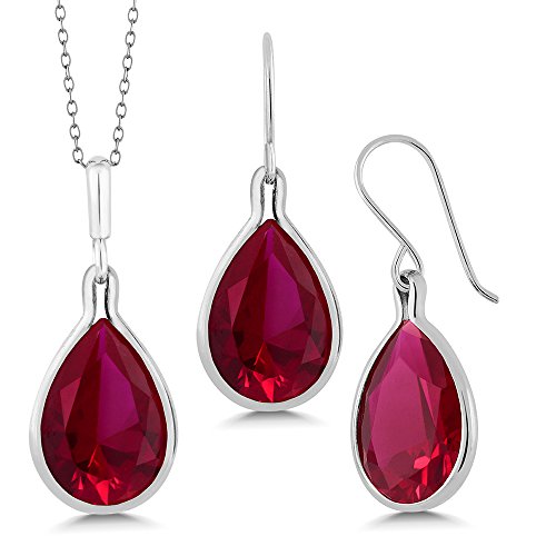 Gem Stone King925 Sterling Silver Pear Shape Red Created Ruby Pendant and Earring Set For Women (18.20 Cttw, with 18 Inch Silver Chain)