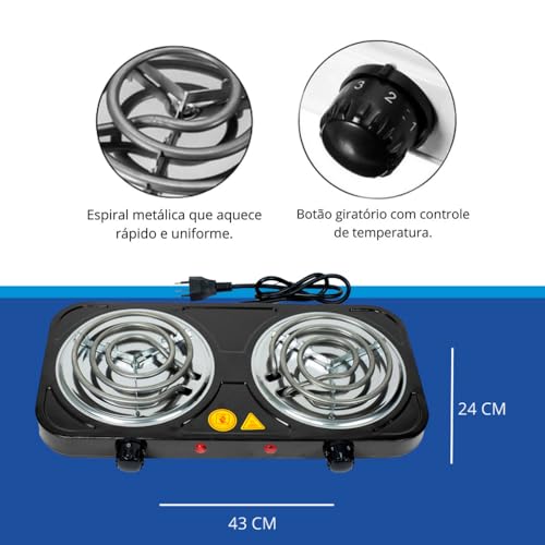 Fogão Elétrico 2 Bocas Cooktop de mesa 220v – Fogareiro Portátil Cooktop de Mesa para Camping, Viagem e Uso Doméstico (Preto)