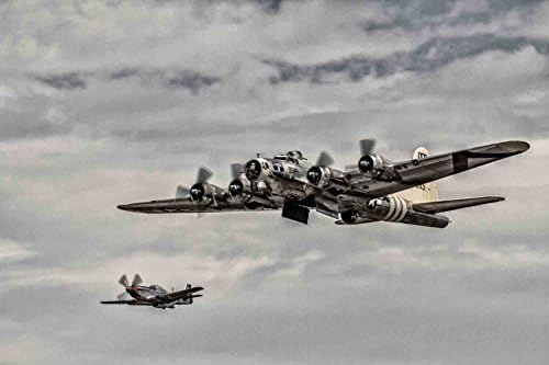Louis Leonard Art – B-17 Flying Fortress with P-51 Mustang escort - Photographer Glenn Martin, Canvas Giclee Wall Art Print, Framed
