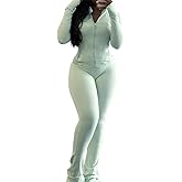 Molilove Womens 2 Piece Outfits Lounge Sweatsuit Set Long Sleeve Zipper Crop Jacket Long Flare Pants Tracksuits Workout Set