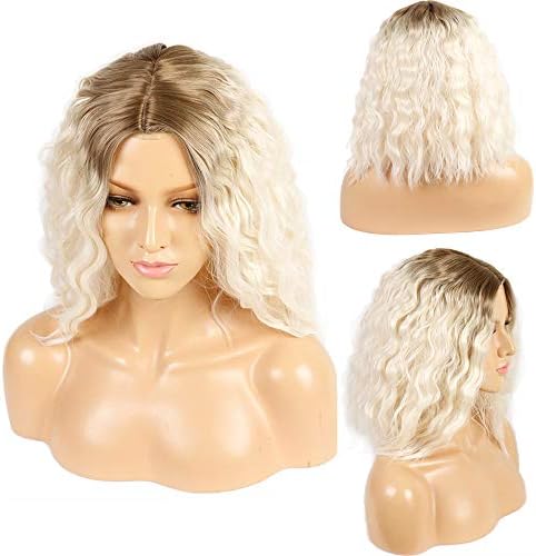 Ivan Cosmetic 6inch Part Space Short Bob Silk White Base Top Lace Wig 2Tones Ombre Dark Roots to Blonde Wave Hair Heat Resistant Fiber Middle Parting 14inch For White Women.