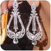 Octwine Women Silver Rhinestone Tassel Long Earrings Sparkly Rhinestone Chandelier Dangle Drop Earrings Bridal Wedding Silver Rhinestone Earrings Teardrop Dangle Earrings for Women
