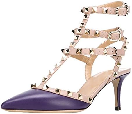 MINIVOG Women's Rivets Buckle Studded T-Strap Pointed-Toe Dress Sandals Purple PU US9.5