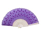 uxcell® Sequin Floral Plastic Frame Folding Hand Fan Fuchsia Dark Purple