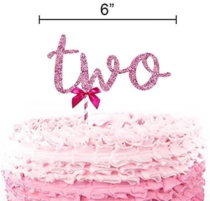 Pink glitter TWO second birthday cake topper - Large 6" wide - Cute with swirl straw and bow - Comes already assembled!