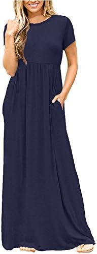 succlace Womens Summer O Neck Plain Casual Long Dress with Pockets Deep Blue S