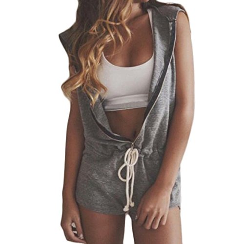 TAORE Womens Summer Zipper Sleeveless Hoody Jumpsuit Short Romper (XL, Gray)