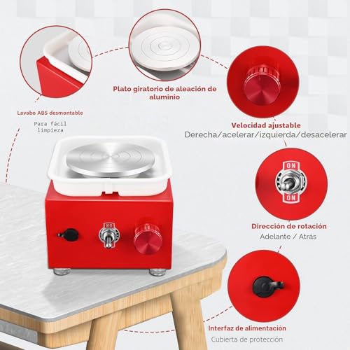 Potter's Lathe, Ceramic Lathe 2000 RPM Adjustable Speed, Potter's Lathe with Plates of 10/6.5 cm, Ceramic Kit for Children and Adults (Red)