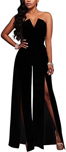 Womens Sexy Tube Top Strapless Split Wide Leg Jumpsuits Rompers Without Belt (XL, Black 1)