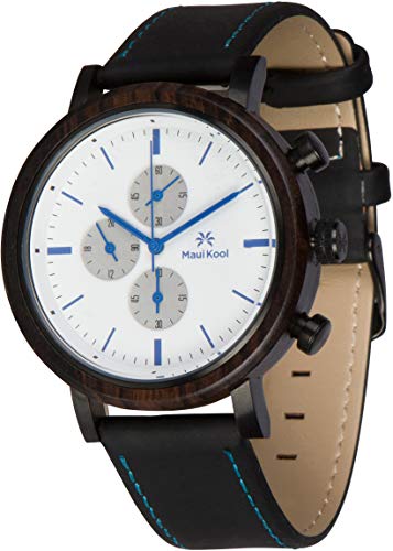 Maui Kool Steel and Wood Hybrid Chronograph Watch for Men Wailea Collection Leather Band Bamboo Box (W4 - White and Blue)