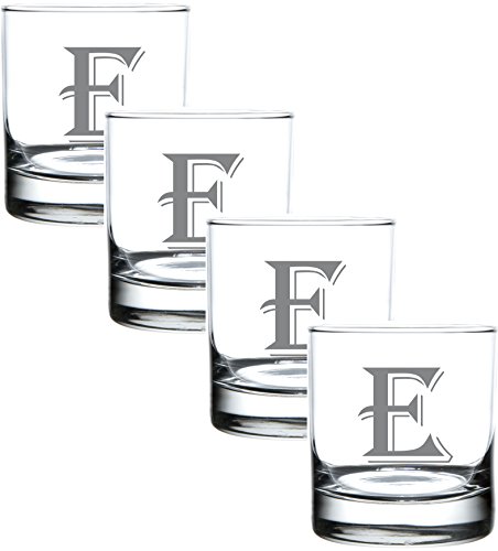 Monogrammed Gifts for Men - 4PC 11 Oz Custom Whiskey Glasses (E-Monogram) - Engraved Whiskey Glasses - Personalized Whiskey Glasses - Unique Bourbon Glasses - Personalized Glass Gifts for Dad