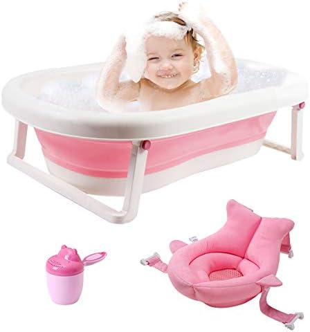 3-in-1 Baby Bathtub Portable Collapsible Toddler Bath tub Foldable Infant Shower Basin Anti Slip Skid Proof with Baby Cushion & Water Rinser Cup for 0-5 Years (Pink tub+Cushion)