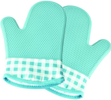 Yumay Silicone Kitchen Gloves - Heat Resistant Oven Gloves with Cotton Lining - Waterproof and Non Slip Silicone Potholder and Glove for Kitchen,Barbecue (Blue Silicone oven gloves)