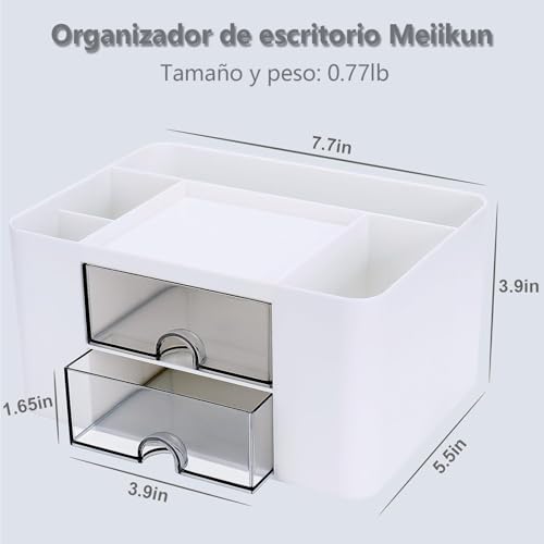 Rantuia Porta Lapices de Escritorio, con 5 Particiones y 2 Cajones Transparentes, Organizador de Escritorio Universal, Cajón Transparente para Fácil Acceso. (Blanco)