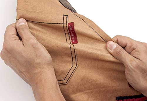 Under NY Sky Cross-Back Camel Beige Apron - Coated Twill with Leather Reinforcement, and Split-Leg - Adjustable for Men and Women - Pro Barber, Tattoo, Stylist, Barista, Bartender, Server Aprons