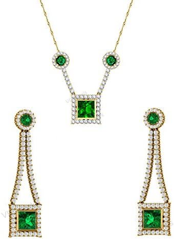 4.5 Ct Princess and Round Cut Emerald and Simulated Diamond 18k Yellow Gold Finish Earrings Pendant Jewelry Set (Earrings, Pendant Necklace)