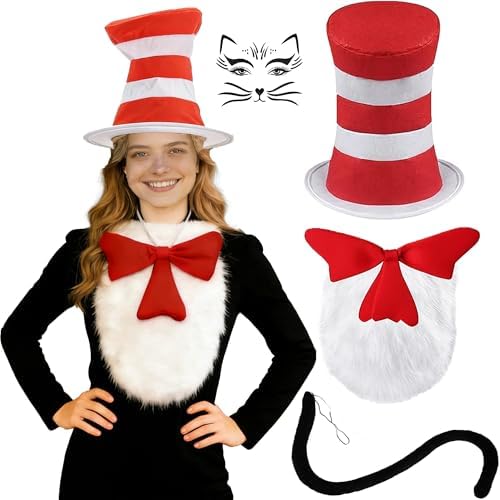 Halloween Costume Accessories Pack Red White Striped Hat Bow Furry Gloves Red Striped Hat White Gloves White Furry Cloth Red Bow 3  main image 3