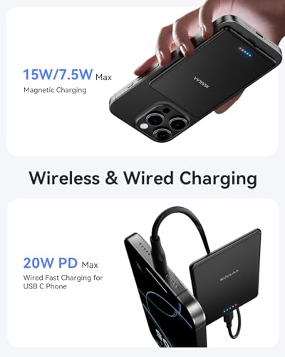 Kuulaa Power Bank 5000mAh 20W, Portable Charger Ultra-Slim Magsafe Power Bank with LED Lights, Magnetic Wireless Chargeur Portatif Powerbank Compatible with iPhone 17/16/15/14/13/12 - Matte Black