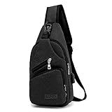 lcfun Canvas Sling Bag Shoulder Chest Cross Body Backpack with USB Charging Port for Men Women Girls Boys Crossbody Lightweight Travel/Hiking/Outdoor Sport Backpack (Black)