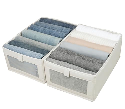 Ymlike Clothes Storage Organizer, Stackable Cotton Drawer Closet Box with Transparent Mesh Window and Handle, Store bag for Clothing, Jeans, Bras, Leggings, Sweaters, (2 Pack, Beige)