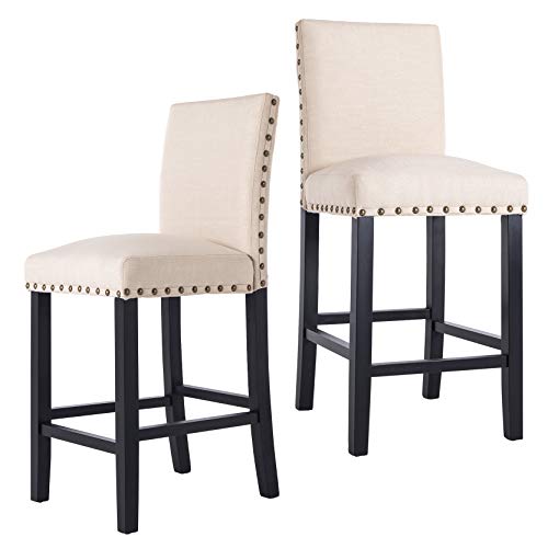 GOTMINSI Nailhead 24" Counter Height Stools Upholstered Bar Stools with Solid Wood Legs, Set of 2 (Beige)