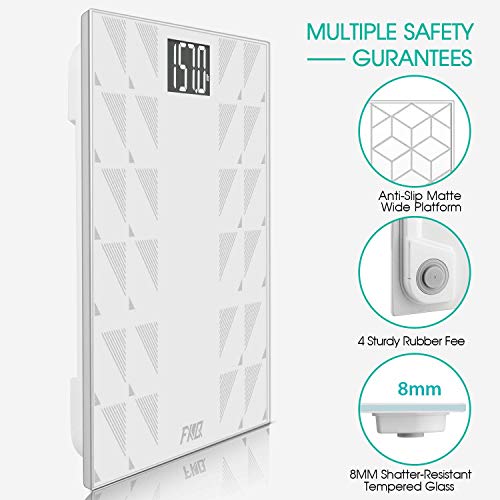 Digital Body Weight Bathroom Scale, FXQ High Precision Sensor Digital Bathroom Scale with Large Blue LCD Backlight Display, 8MM Shatter-Resistant Tempered Glass and Body Measuring Tape (White)