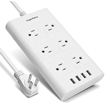 SUPERDANNY 9.8ft 15A Surge Protector Power Strip 14AWG Extension Cord with USB 6 Outlet Charging Station Angle Flat Plug Adjustable Voltage 110-240V for Phone Tablet Garage Kitchen Office Home, White