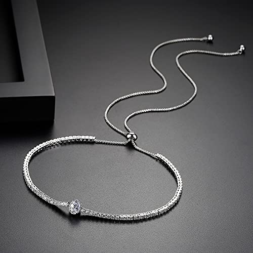 MissDaisy- 2.82mm Round CZ Diamond Round Cut Tennis White Gold Halo Adjustable Necklace for Women Girls Gift