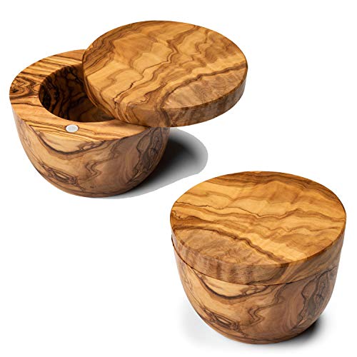Gourmet Living Olive Wood Salt Box Round Wooden Salt Keeper with