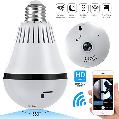 Wifi Light Bulb Camera,Include 32GB Card 1080P WiFi Security Camera,360 Degrees Panoramic VR Indoor/Outdoor Home Surveillance Cameras,Motion Detection,Night Vision