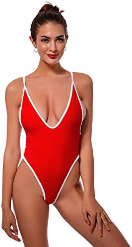 Women's Sexy Deep V High Cut One Piece Swimsuit Backless Swimwear Semi Thong Bikini (Red, M(US 6))