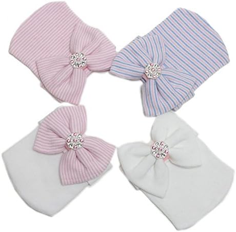 SHELLBOBO 1-5pcs Sparkle Gem Newborn Baby Girl Nursery Beanie Hospital Hat With Bow (4pcs pack)