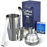Cocktail Shaker Bar Tools Set – Premium Bartender Accessories Kit – 24 oz Stainless Steel Built-in Strainer, Measuring Jigger, Mixing Spoon, Bonus Ice Tongs, Drink Recipes Booklet & eBook – Gift