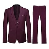 Men's Slim Fit Peak Lapel Suit Blazer Jacket Tux Vest & Trousers 3-piece Suit Set (Medium, Dark Red)