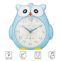 SkyNature Kids Alarm Clock, Owl Decorative Dual Alarm with Night Light and Snooze, Silent Non-Ticking Battery Operated Clock for Girls & Boys, Students Bedroom, Easy to Set - Light Blue