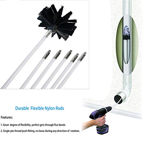 Maritown Chimney Brush Rod kit 6, Dryer Duct Cleaning Kit, Lint Remover,Extends Up to 12 Feet Synthetic Brush Head Vent Cleaning Kit Chimney Sweep Kit