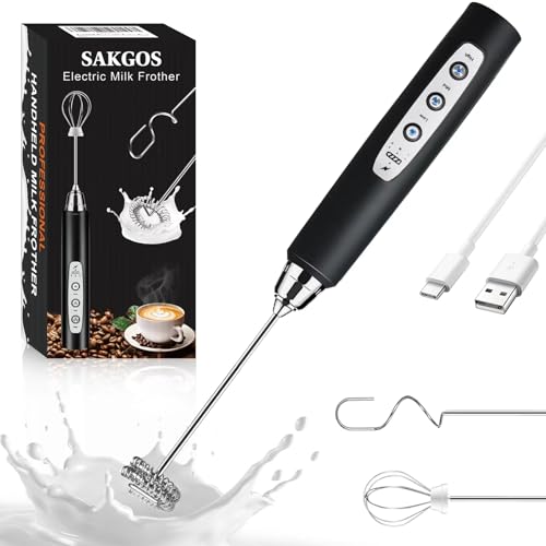 Sakgos Wiederaufladbarer Milchaufschäumer Handheld – Elektrischer Schneebesen 3 Geschwindigkeiten einstellbar, Kaffee-Aufschäumer Zauberstab mit 3 Ede