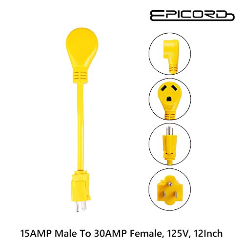 EPICORD RV Adapter Power Cord 15AMP Male To 30AMP Female Camper Connector Heavy Duty Electrical Dogbone, 12 Inch