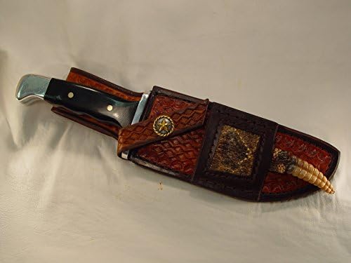 Buck 124 leather custom sheath with rattlesnake inlay strap and rattler no knife