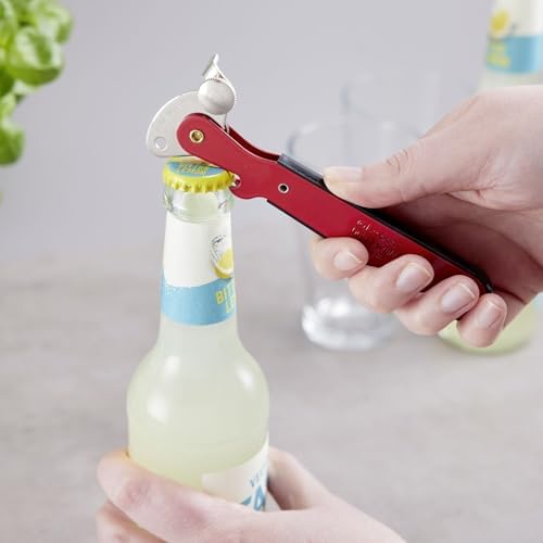 Abrelatas de palanca "Columbus" – abrelatas estrecho con abrebotellas óptimo para abrir latas y botellas – rojo, 1025227R