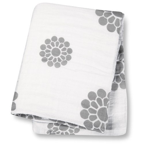 lulujo Muslin Cotton Swaddling Blanket - Grey Peonies