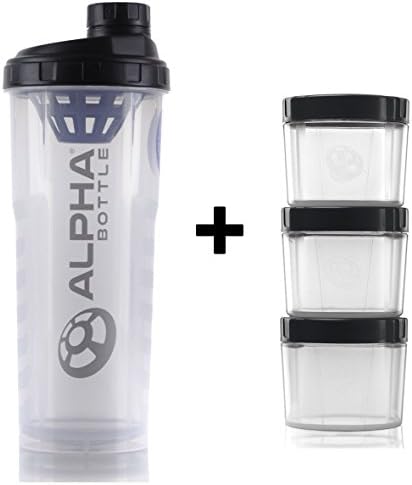 Alpha Bottle 750ml - 1L Protein Shaker and Alpha Supplement Storage Pods (Pack of 3) (Clear Black 1L)