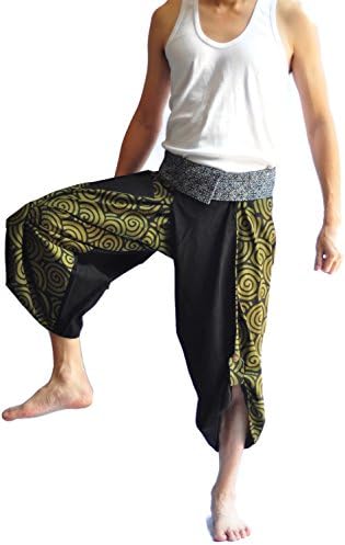 Unisex Thai Fisherman Pants Yoga Trousers Free Size Cotton Black circle green design